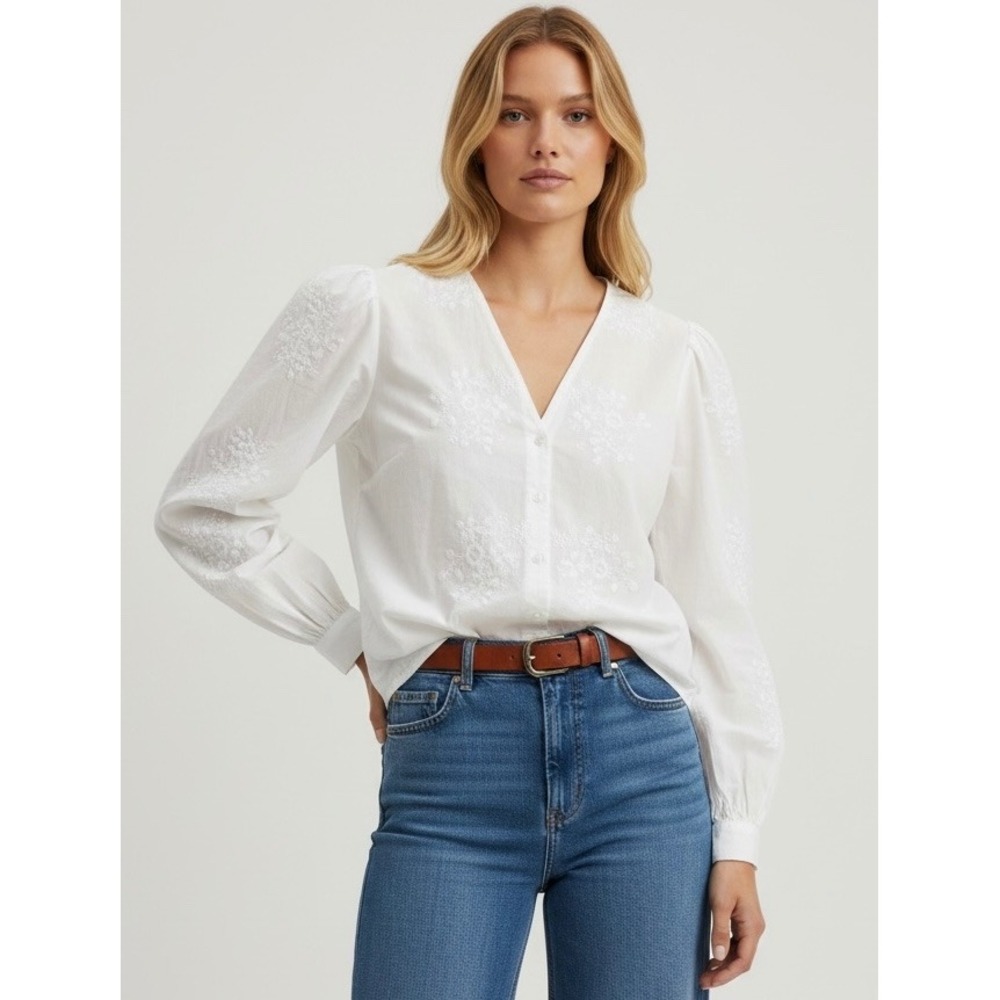 Old Navy White Floral Embroidered Puff Sleeve V-Neck Blouse Size Large Tops